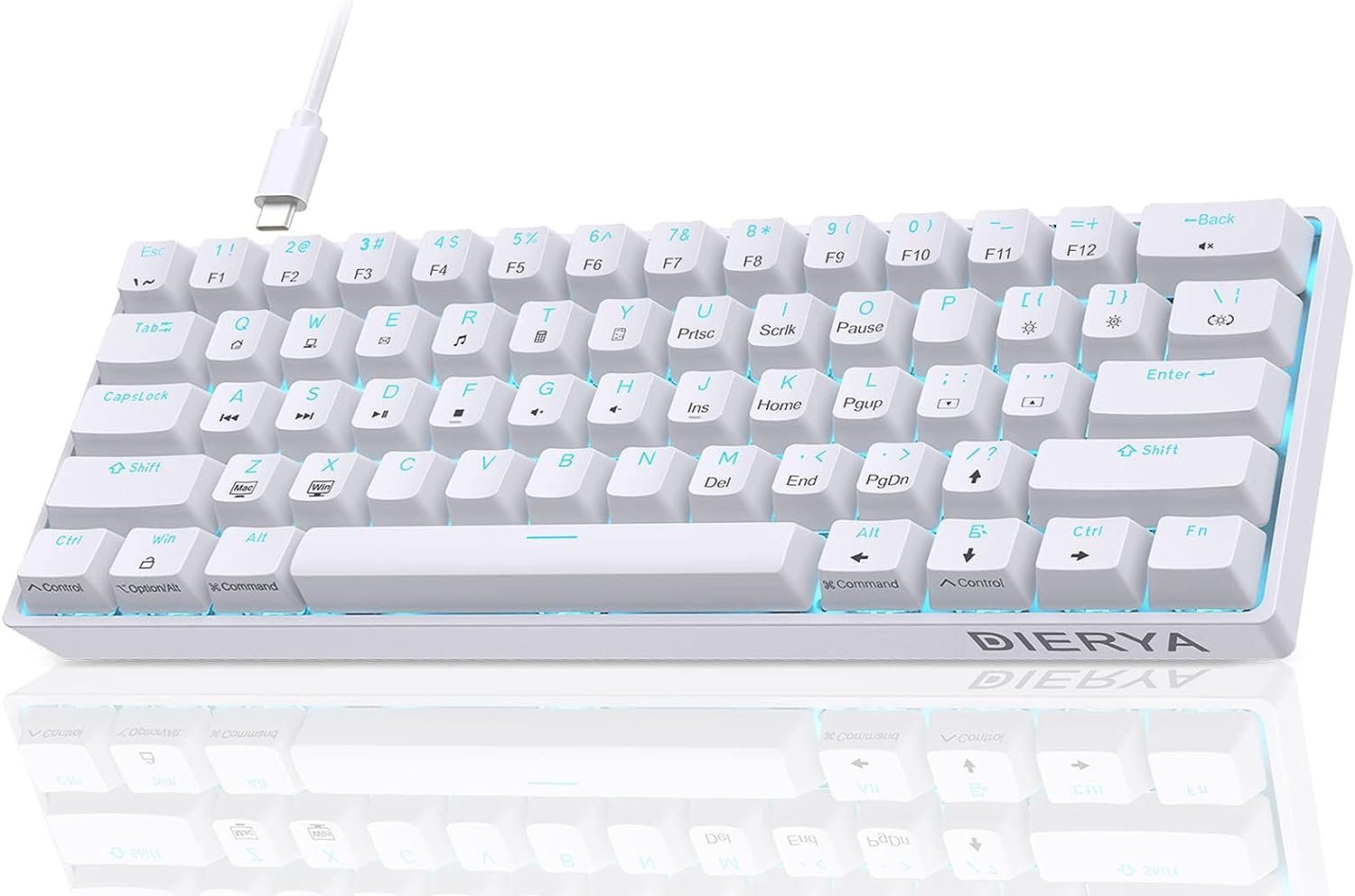 Dierya DK61se Teclado Mecánico Gaming Mini 60% Red Switch Mechanical Keyboard Retroiluminación Azul Hielo,Cable USB-Type C,Teclado Ultra-Compacto 61 Teclas Anti-Fantasma US Layout para PC/Windows