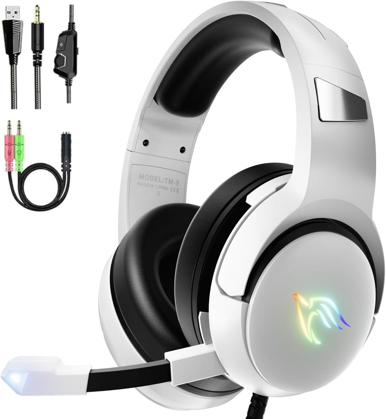 YINSAN Cascos Gaming para PS5 PS4 Xbox One PC Switch, Auriculares Gaming con Micrófono, PS5 Cascos Gamer con Cable y Luces RGB, Diadema Ajustable, Control de Volumen y botón de Silencio