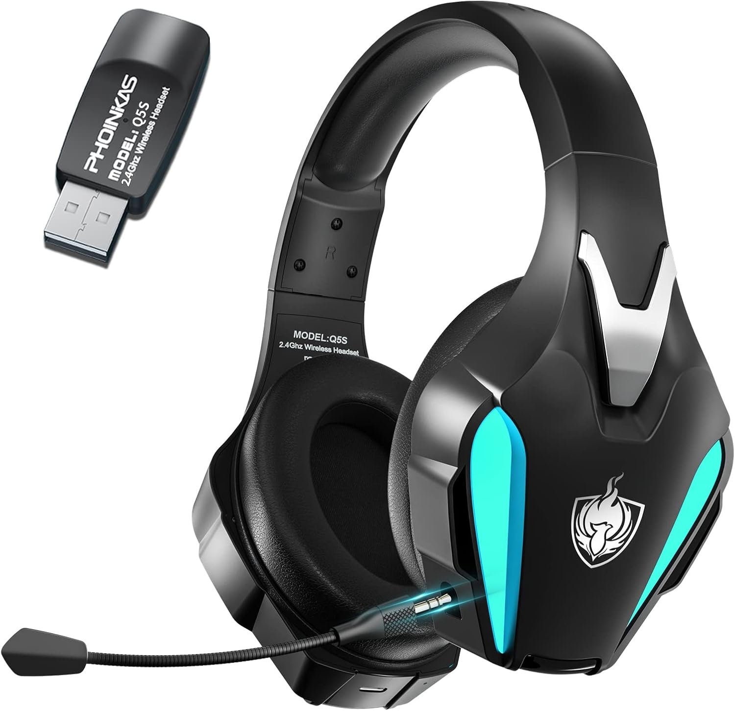 PHOINIKAS Auriculares Gaming Inalámbricos, Cascos Gaming, Dongle de 2.4Ghz para PS4/PS5/PC, 7.1 Estéreo, Micrófono con Cancelación de Ruido Desmontable, Luz LED