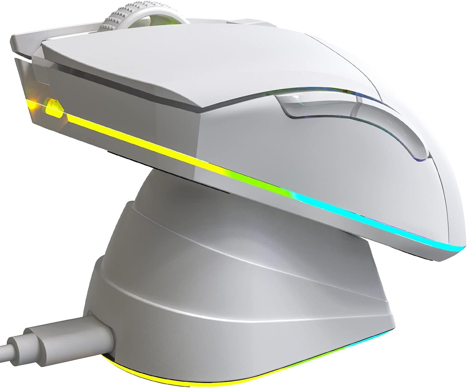 KLIM Blaze Pro – Ratón inalámbrico Gaming Recargable RGB con estación de Carga – Nuevo 2024 – Sensor de Alta precisión con batería Recargable – 6000 dpi – Modo inalámbrico y con Cable – Blanco