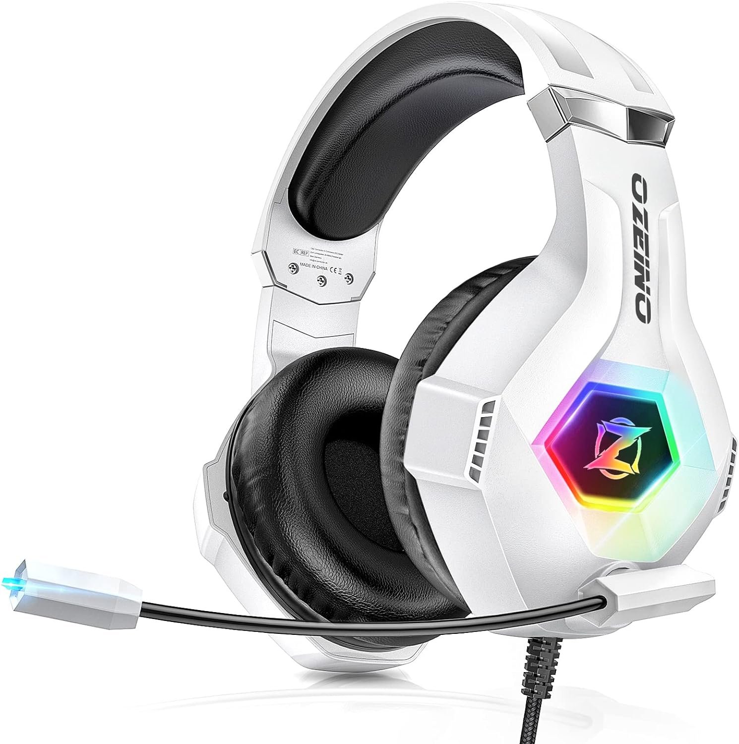 Cascos Gaming con Micrófono Suave, Luz RGB, Sonido Envolvente Claro, Orejeras Ligero Cómodo Ajustable, Auriculares Gaming Blanco para Ps5 Ps4 PC Xboxone/X/S Switch Tableta Laptop