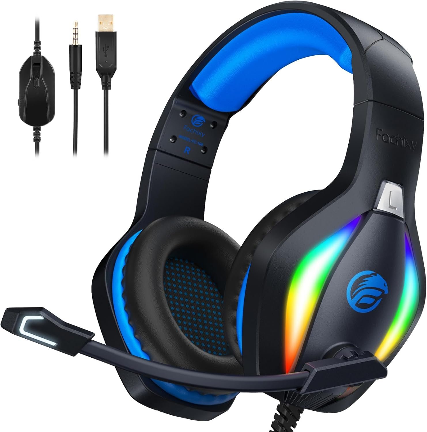 Fachixy 「2024 New」 FC100 Cascos Gaming para PS4/PS5/PC/Xbox One/Switch, Auriculares Gaming Cancelación de Ruido, Cascos con Microfono Estéreo Sonido, Cascos PS4 con 3.5mm Jack con Luz RGB (Azul)