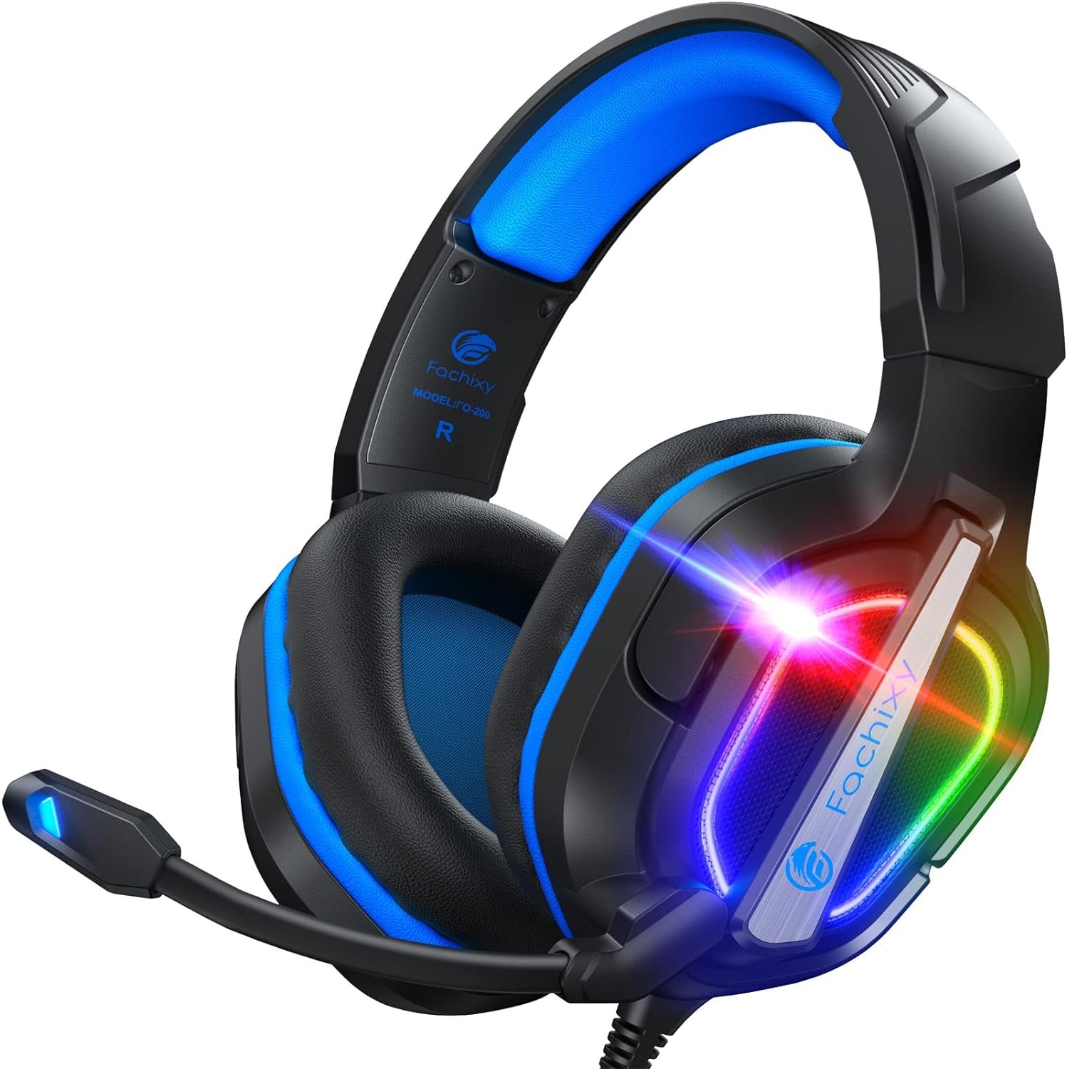 Fachixy 「2024 New」 FC200 Cascos Gaming para PS4/PS5/PC/Xbox One/Switch, Auriculares Gaming Cancelación de Ruido, Cascos con Microfono Estéreo Sonido, Cascos PS4 con 3.5mm Jack con Luz RGB (Azul)
