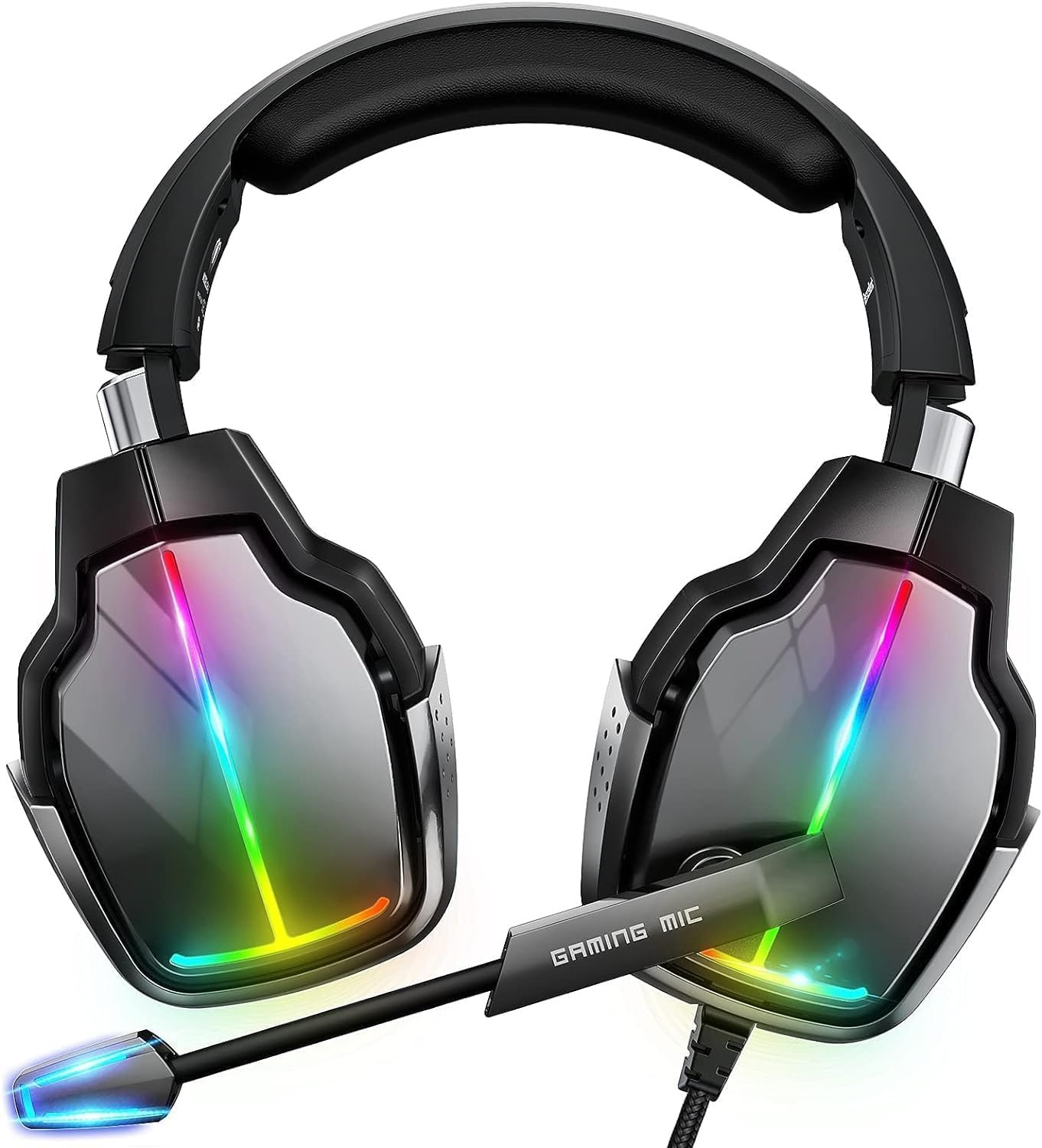 Tatybo Cascos Gaming, Auriculares Gaming con Giratorio de 90° y 4 Modos de Iluminación RGB, Transductores 50mm, Micrófono con Premium Estéreo, Compatibles para Ps4 Ps5 Xboxone PC Switch