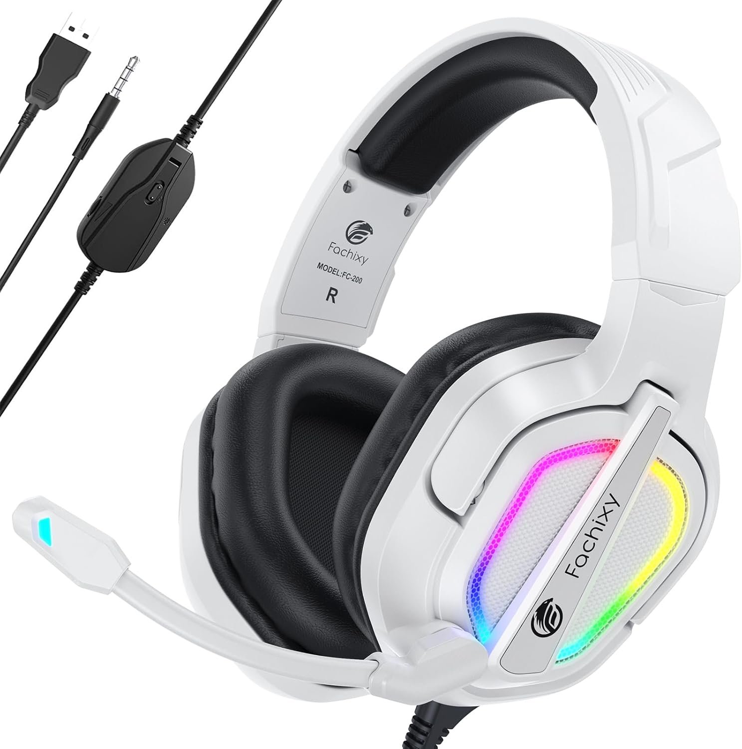 Fachixy 「2024 New」 FC200 Cascos Gaming para PS4/PS5/PC/Xbox One/Switch, Auriculares Gaming Cancelación de Ruido, Cascos con Microfono Estéreo Sonido, Cascos PS4 con 3.5mm Jack con Luz RGB (Blanco)